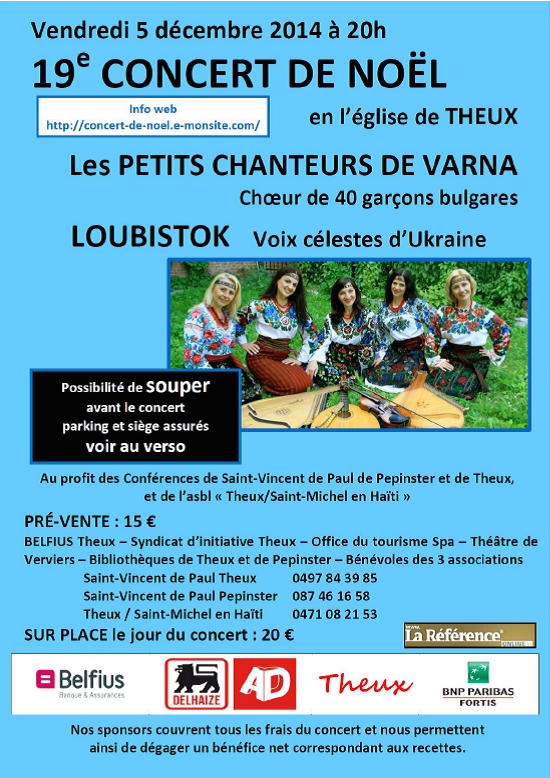 Affiche. Theux. 19ème concert de Noël. Petits chanteurs de Varna & Loubistok, voix célestes d'Ukraine. 1. 2014-12-05